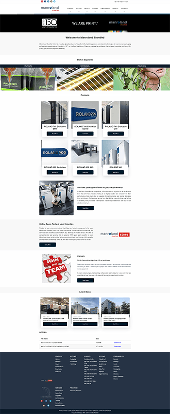 Home Page screen shot of a web development project for Manroland Sheetfed by Tea Powered Projects