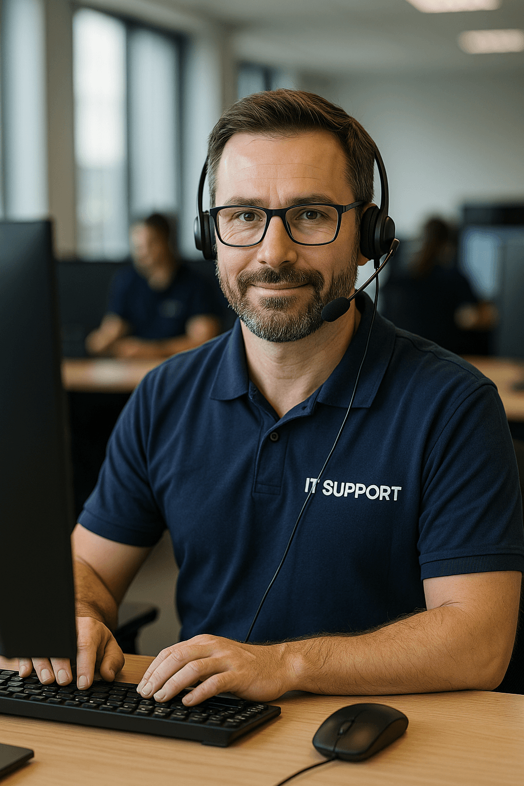 IT support technician at desk with headset