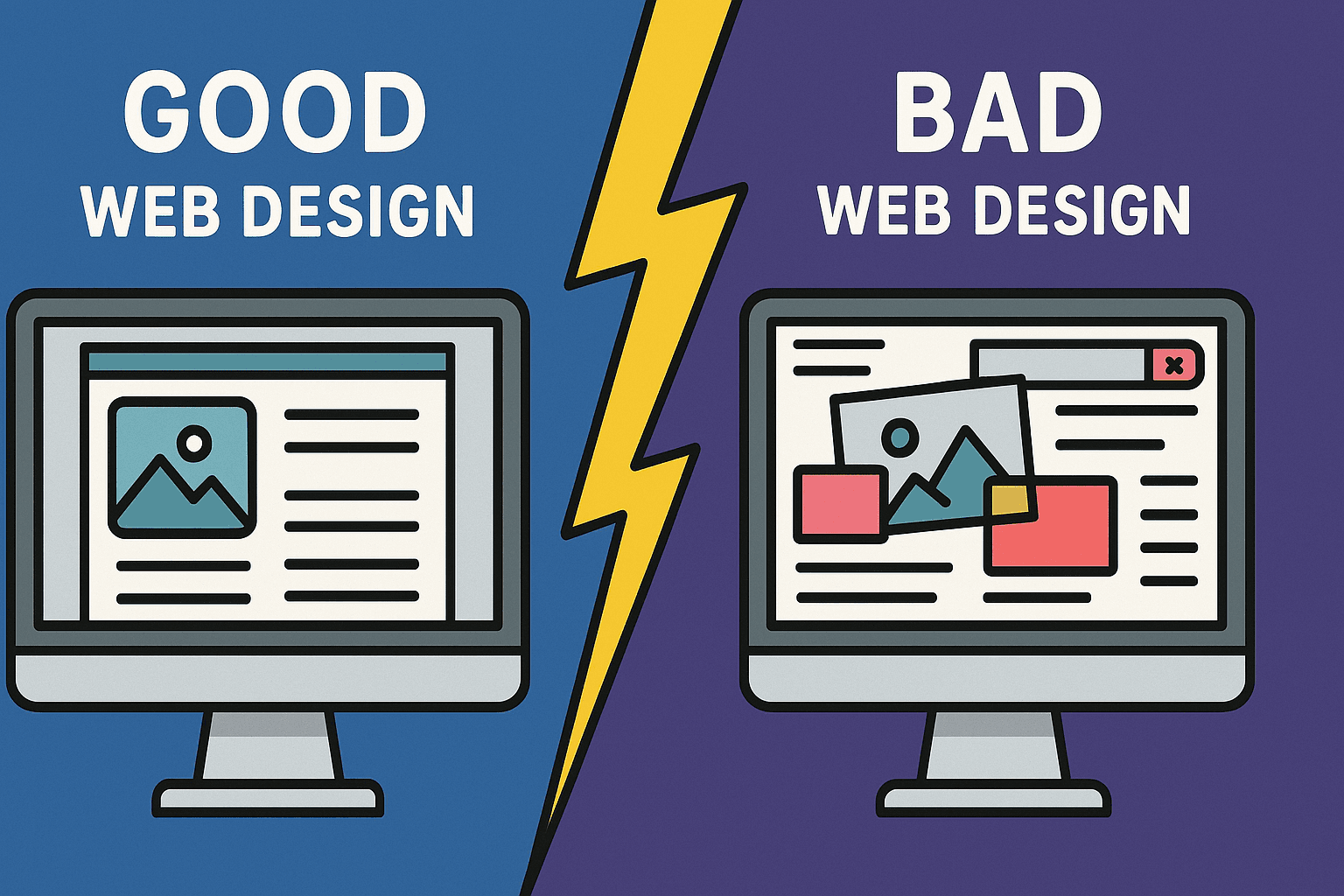 Good vs bad web design comparison with a lightning bolt divider showing clean layout versus cluttered interface