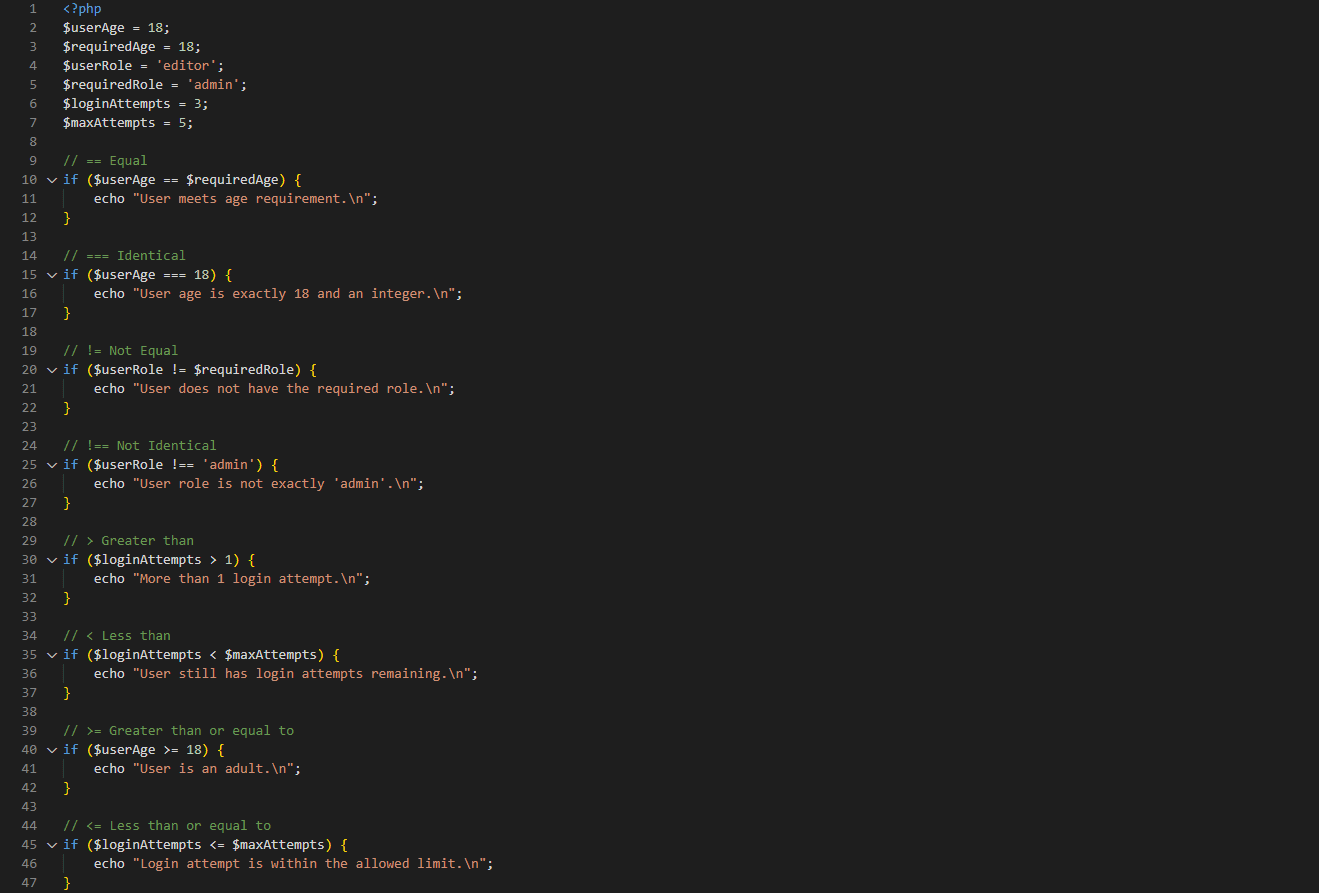 Comparison operators in action, comparing values in PHP.
