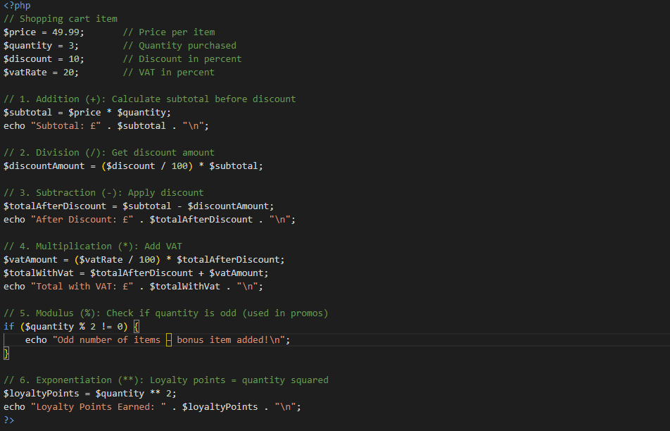 Illustration of arithmetic operators in PHP, showcasing addition and subtraction.