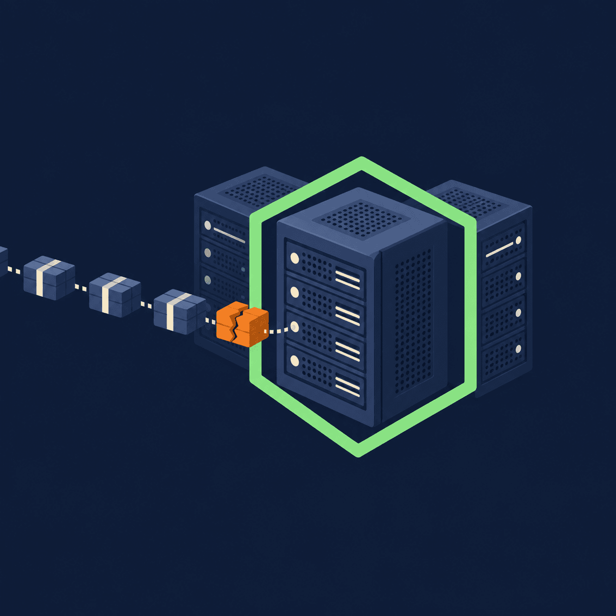 Illustration of a server protected by a hexagon shield, with one cracked block in a stream of data