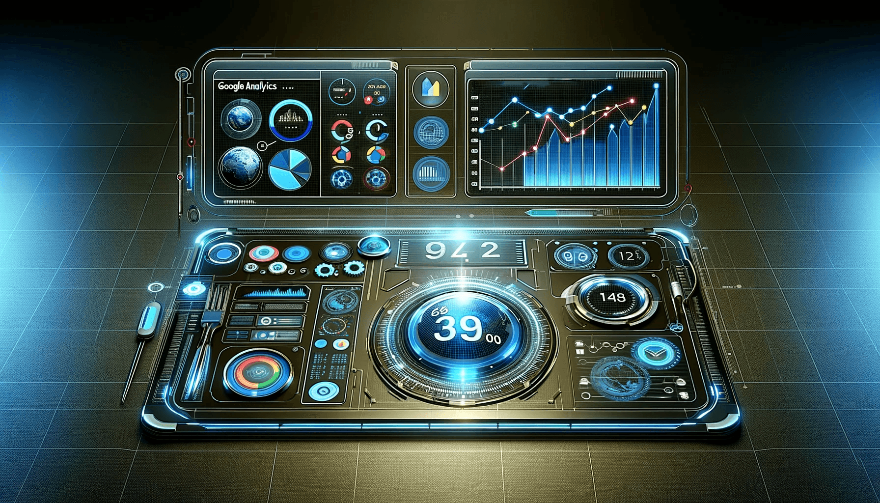 Futuristic analytics dashboard symbolizing the ongoing process of monitoring and updating Google My Business listings.