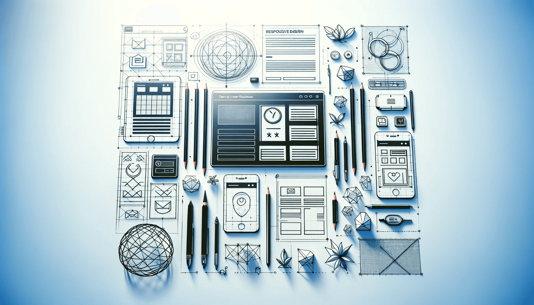 Visual concept of web design and UX, featuring wireframe layout and responsive design icons.