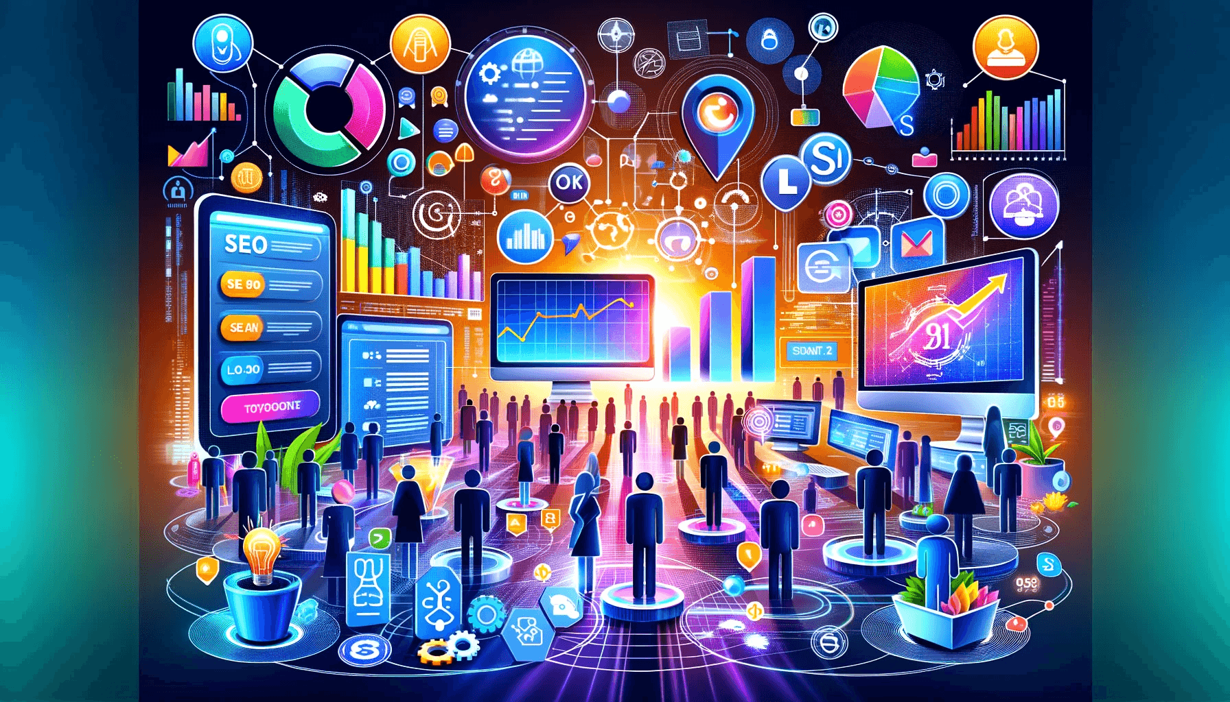 SEO and Analytics: Measuring Website Success is depicted with icons and imagery of SEO practices and analytics.