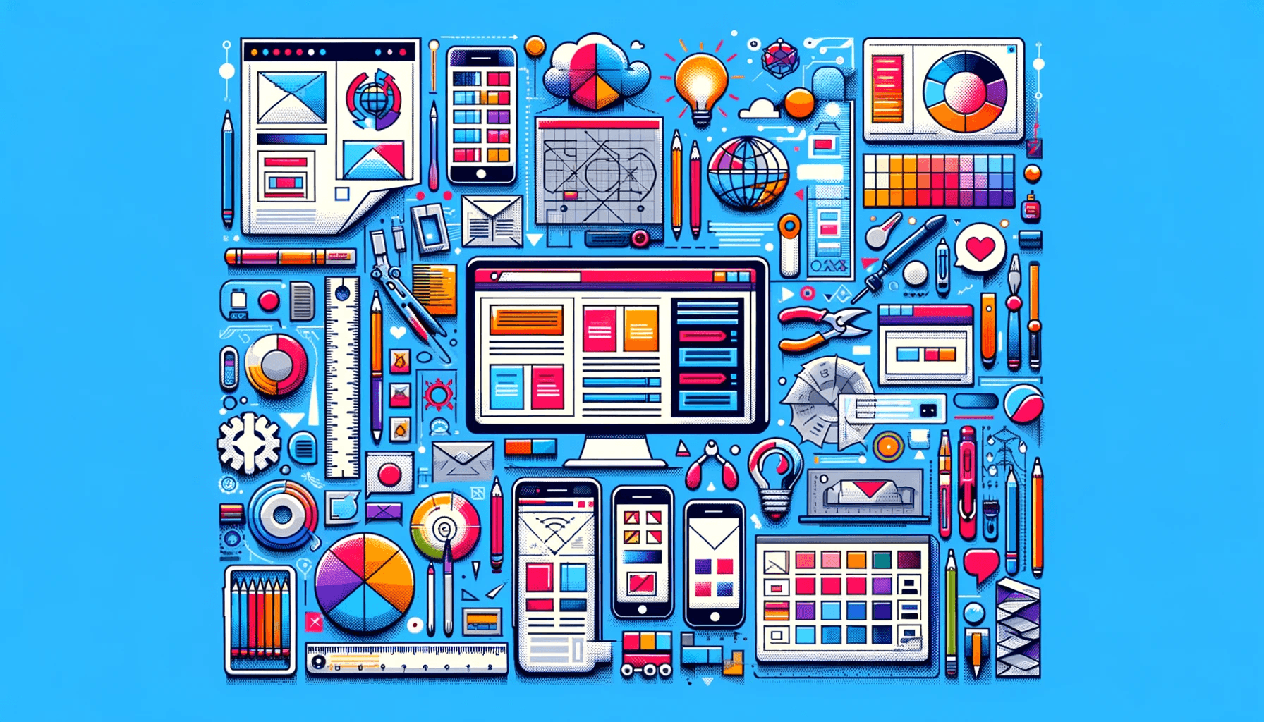 Website Design Essentials is represented with elements of UI/UX design, responsive design, and color schemes.