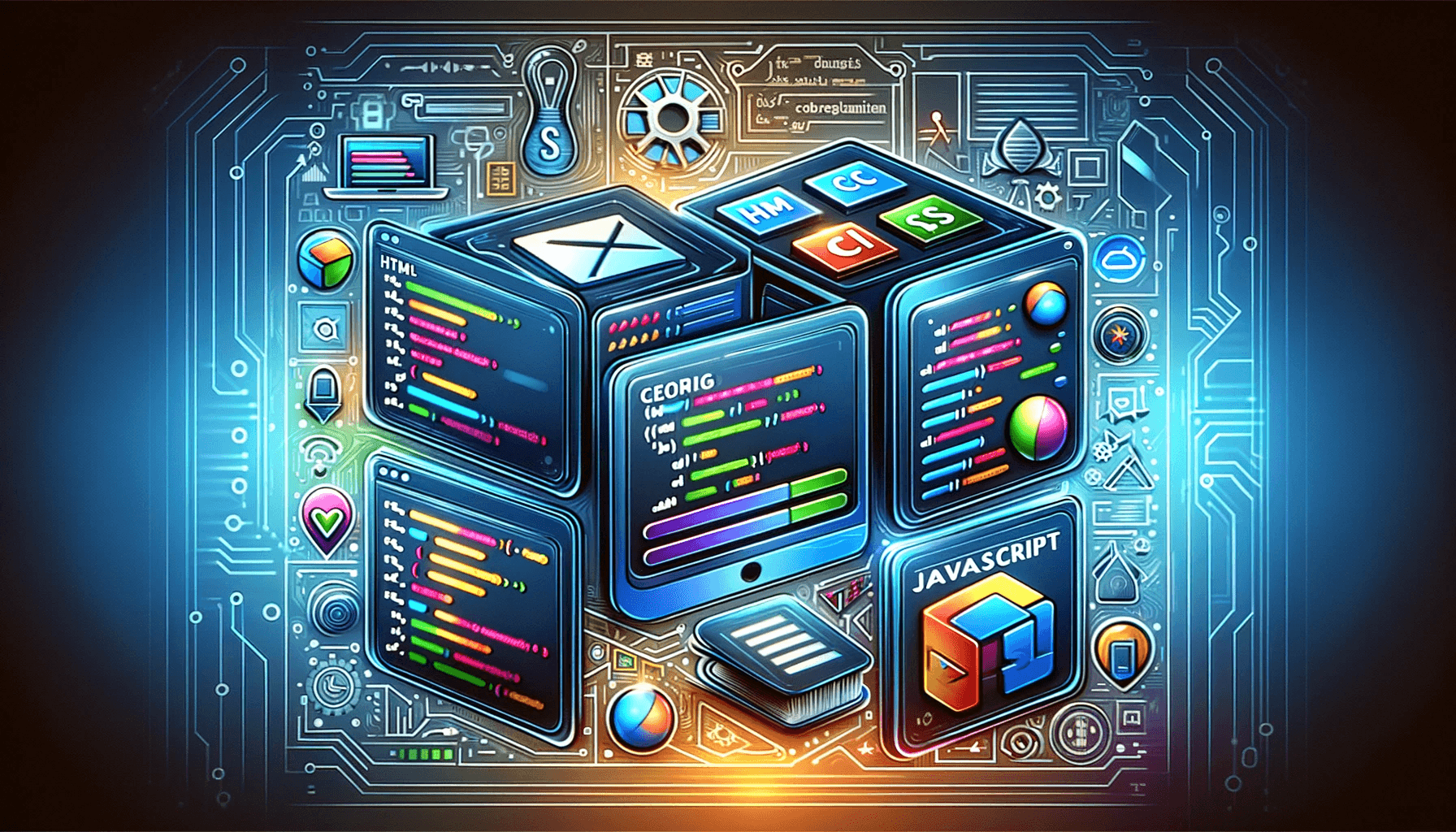 The Basics of Web Development the image includes symbols of HTML, CSS, and JavaScript.