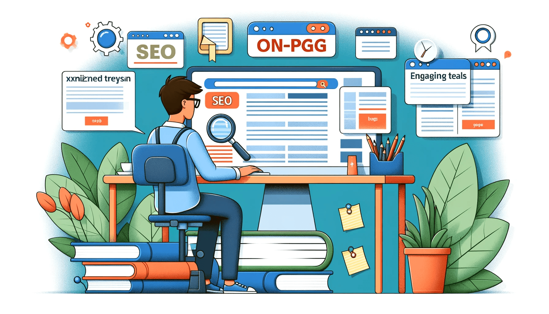 <b>On-Page SEO</b>: The image portrays a person researching keywords and optimising web content.
