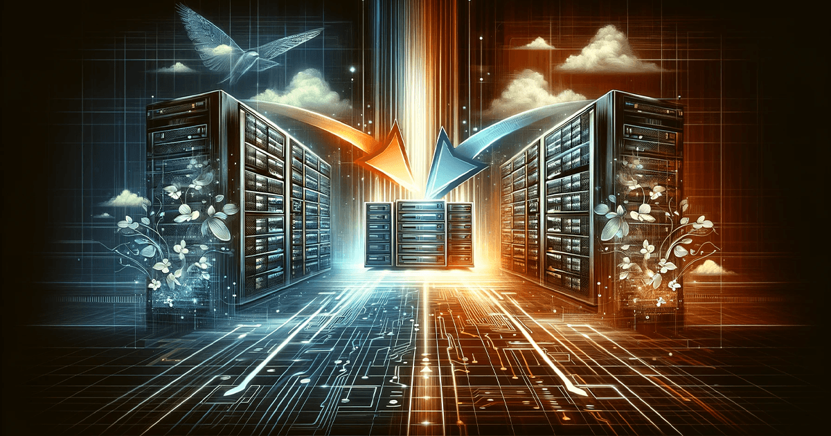 Digital illustration of website hosting migration, showing a website transitioning from an old, dated server to a modern, advanced one,