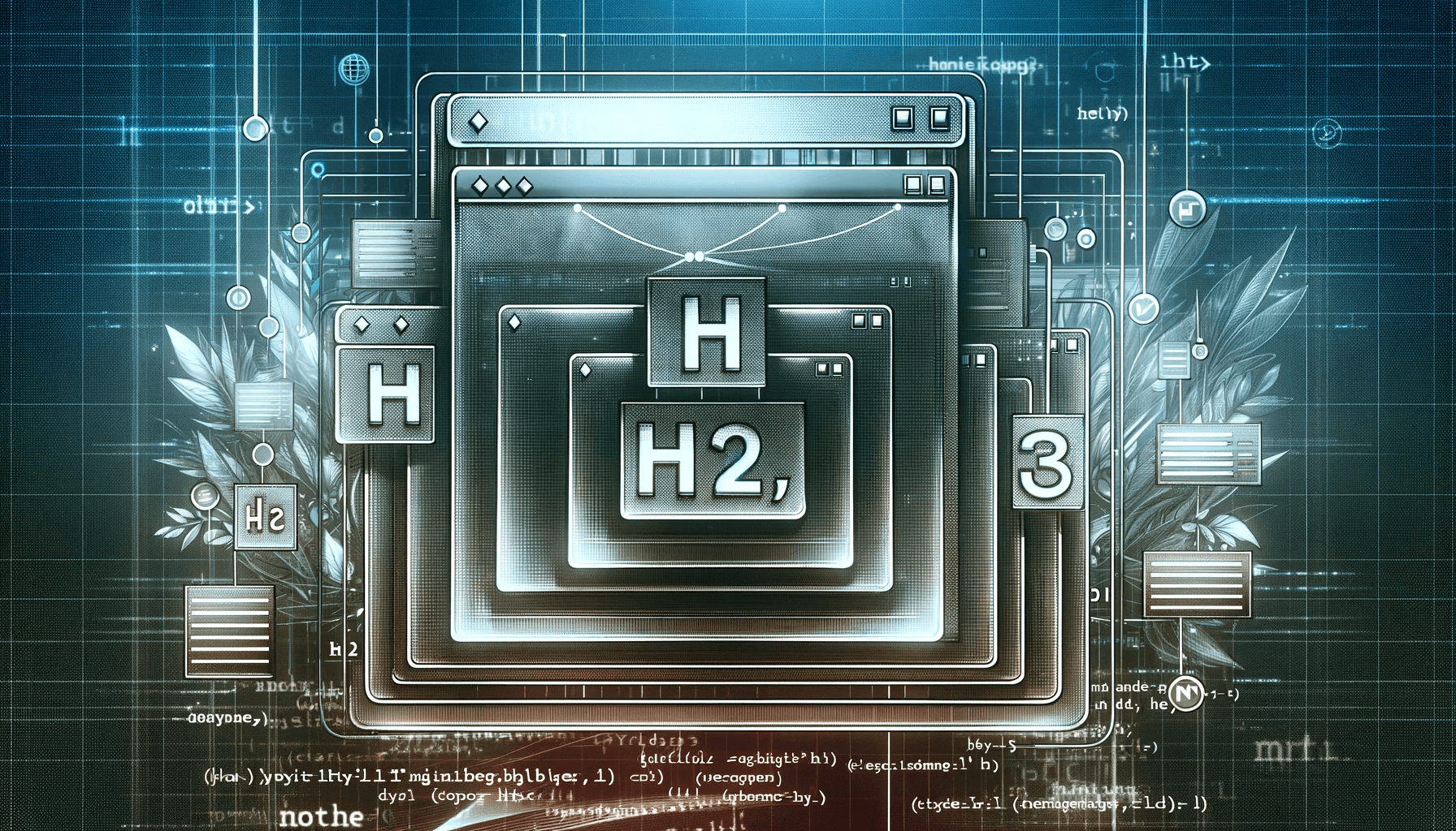 The image portrays a stylized webpage with organized header tags, symbolizing the structured approach to using HTML headers.