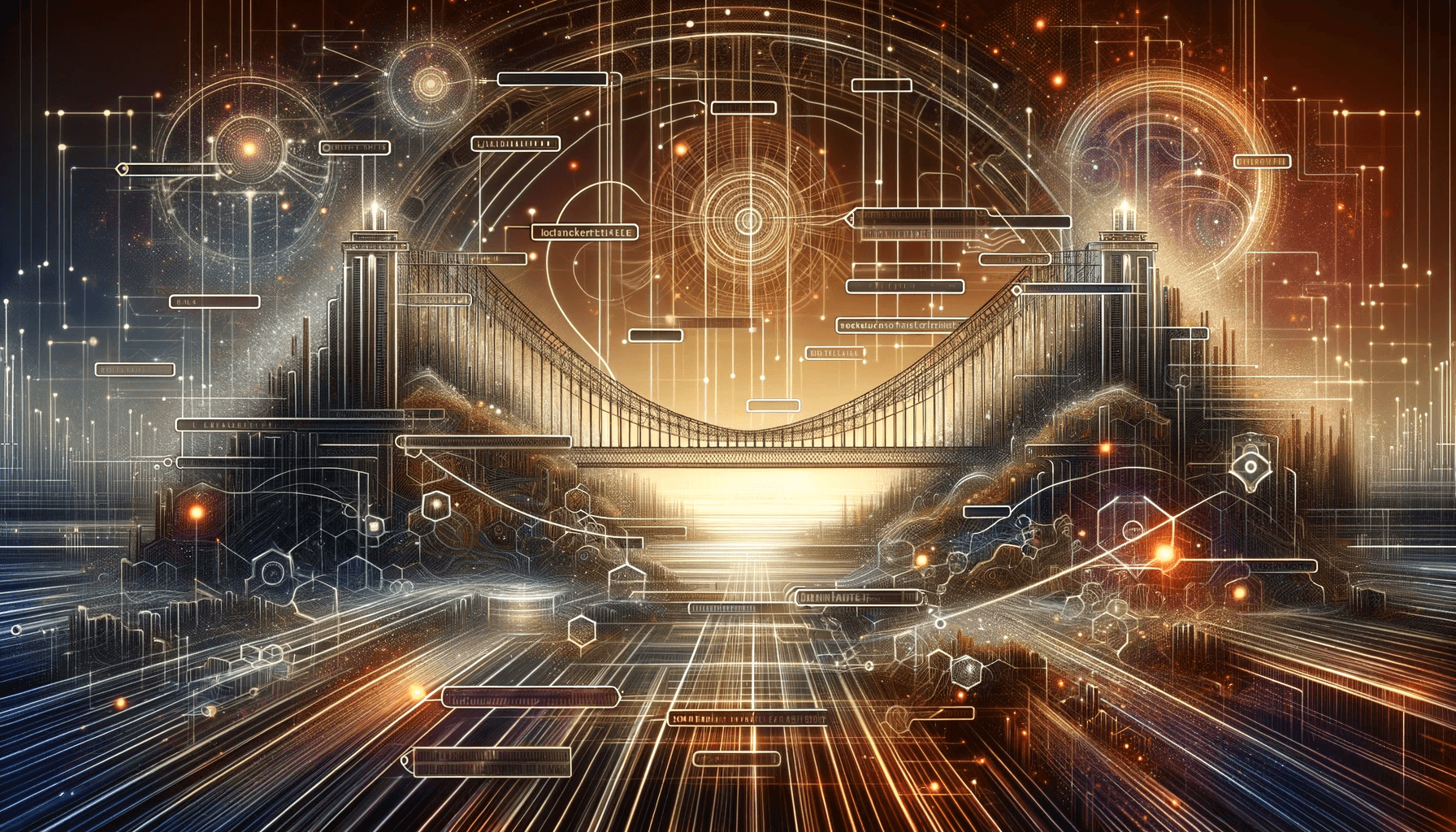 Artistic representation of the integration of header and title tags in web design, depicted as a bridge in a digital network.
