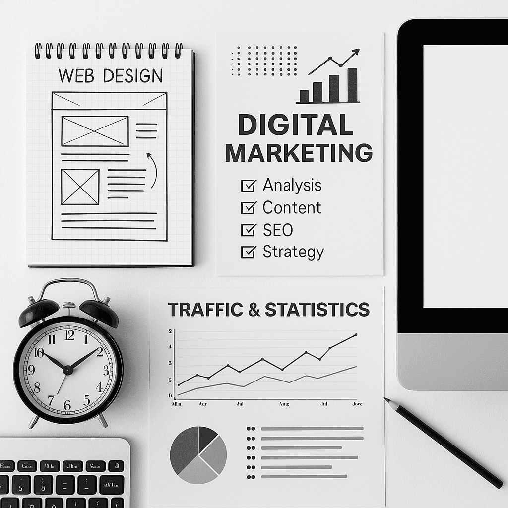 Flat lay of digital marketing workspace with web design sketches, analytics reports, and SEO strategy notes on a white background