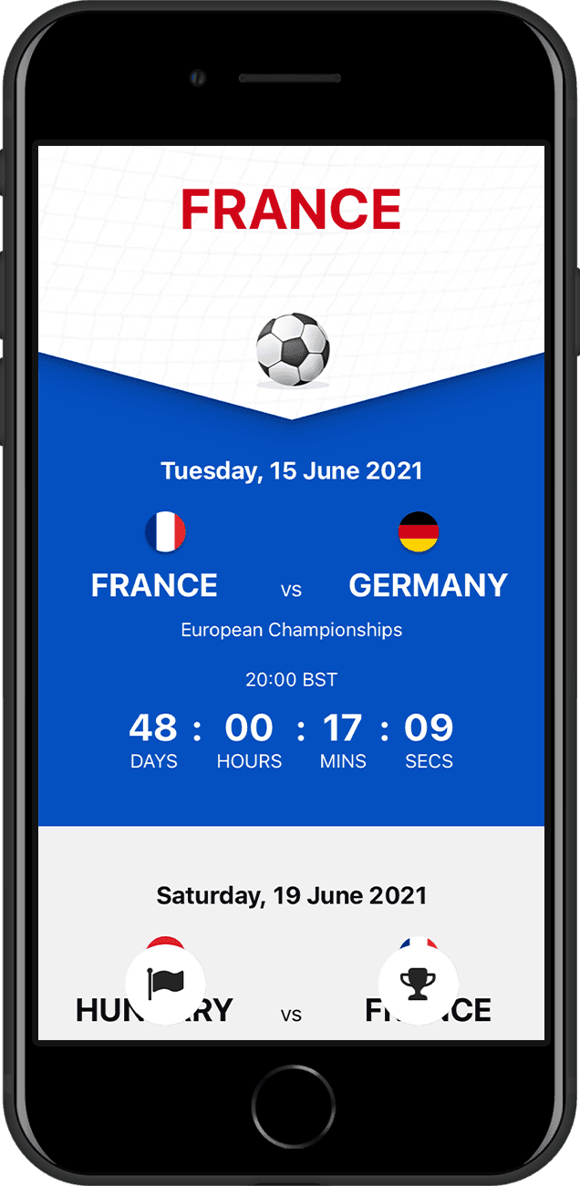 Screen shot of the mobile app of Footy Fixtures, next France Games, Football fixtures project by Tea Powered Projects