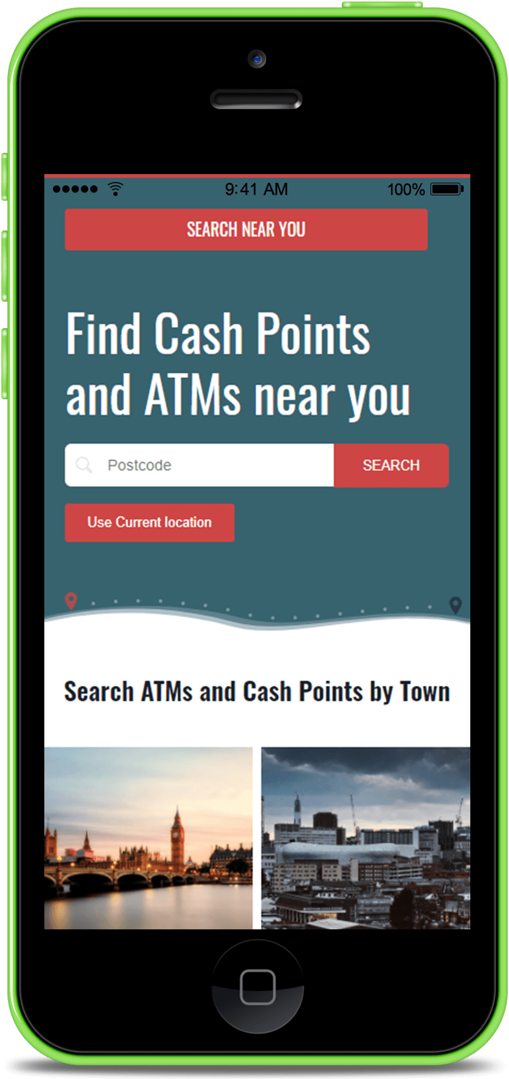 Screen shot of the mobile homepage of ATM Location Web Development project by Tea Powered Projects