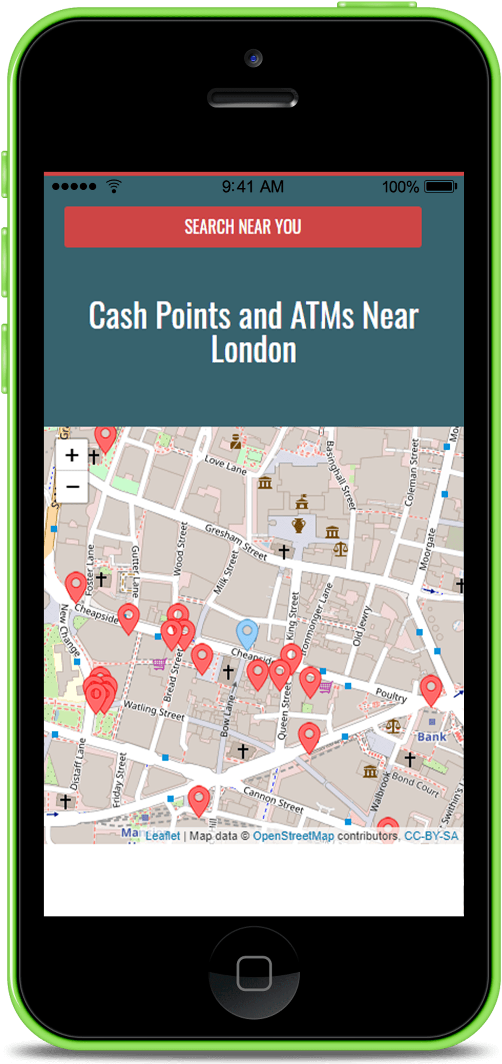 Screen shot of the mobile results page of ATM Location Web Development project by Tea Powered Projects