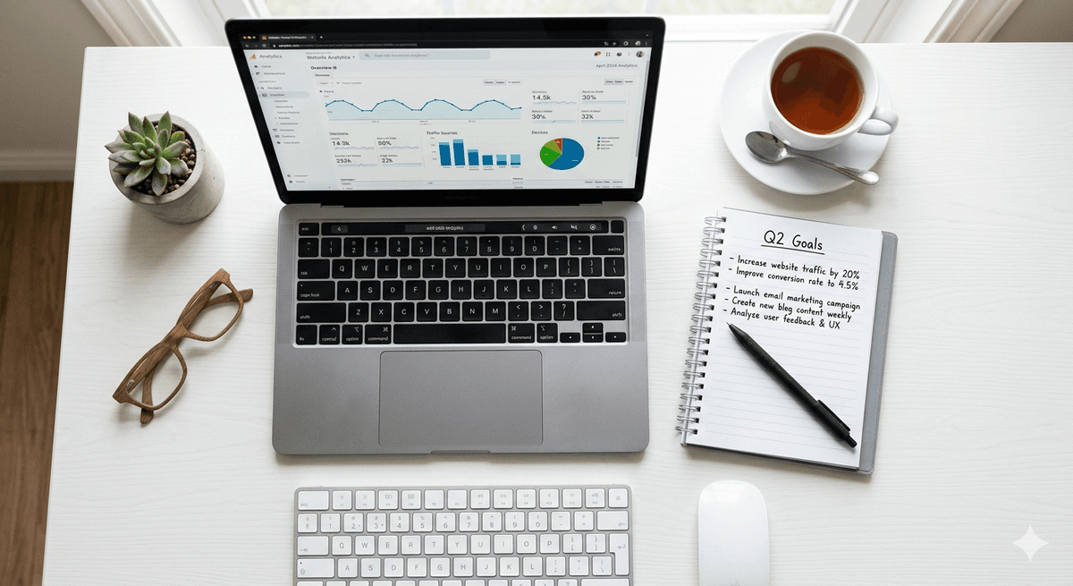 New financial year website audit desk flat lay
