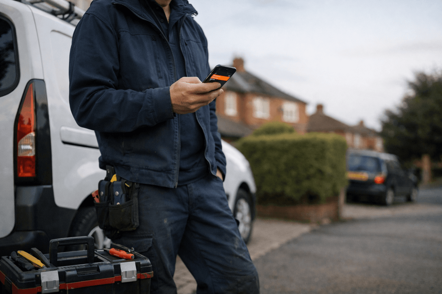 UK electrician in navy workwear beside van, checking a job enquiry on phone