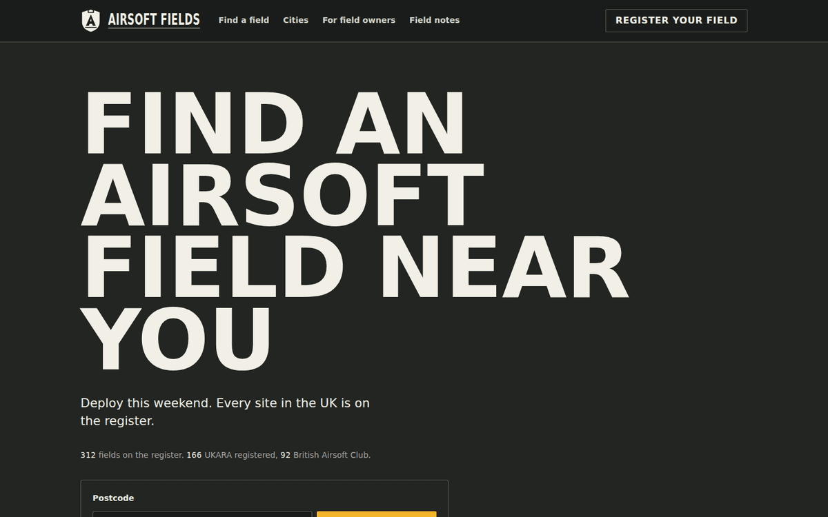 airsoft-fields.com homepage - the UK airsoft field directory built and run by Tea Powered Projects