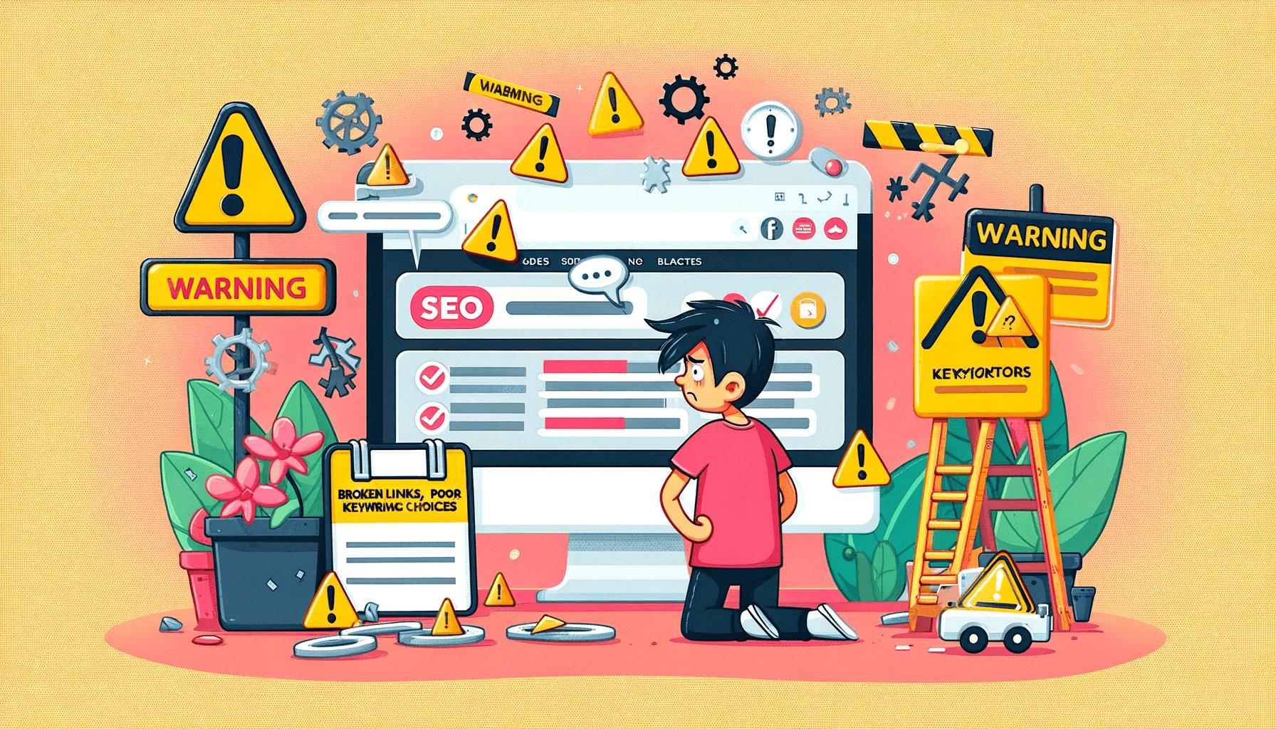 <b>Common Pitfalls in SEO Strategies</b>: The image illustrates common SEO mistakes, with a person looking confused at a web page displaying errors.