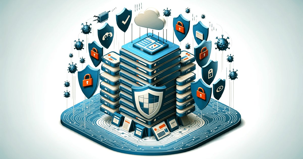 Digital illustration depicting a website protected by layers of backup files, symbolized as shields. The backups act as barriers against symbols of cyber threats like malware and hacking icons, emphasizing the concept of backups as essential defense mechanisms in website security.