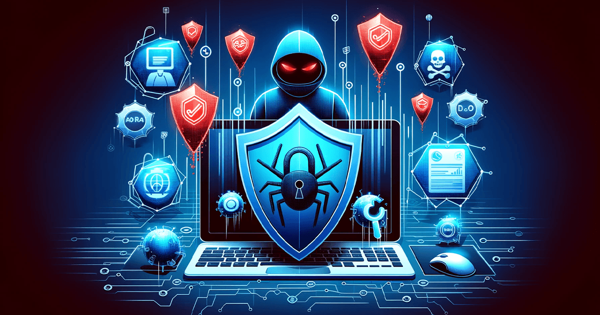 Digital illustration depicting a website shielded against cyber threats like malware, phishing, and DDoS attacks. The image shows these threats distorting the website's search ranking.