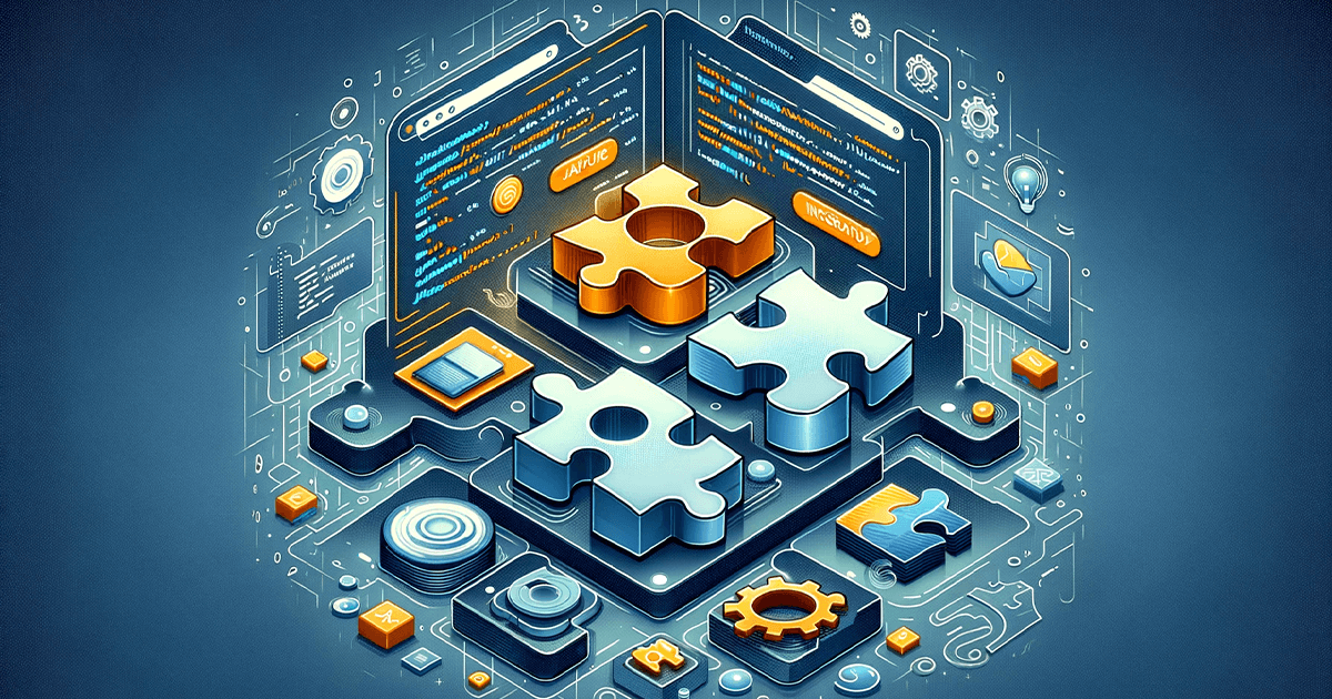 Illustration depicting Jamstack's core elements - JavaScript, APIs, and Markup - as interconnected gears or puzzle pieces against a digital, tech-themed background, symbolizing the innovative integration in web development.