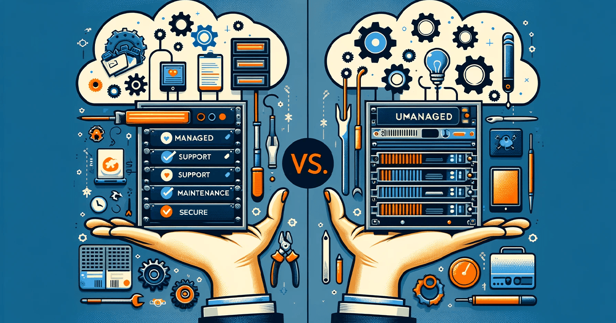 Digital illustration comparing Managed and Unmanaged Hosting. Managed Hosting is depicted as a streamlined, user-friendly service with supportive symbols, while Unmanaged Hosting is shown as a complex, DIY setup with technical tools and gears, representing the distinct choices between the two hosting options.