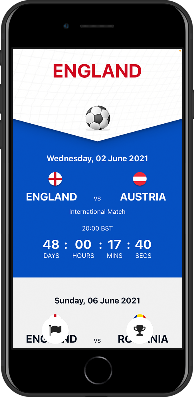 Screen shot of the mobile app of Footy Fixtures next England Games, Football fixtures project by Tea Powered Projects