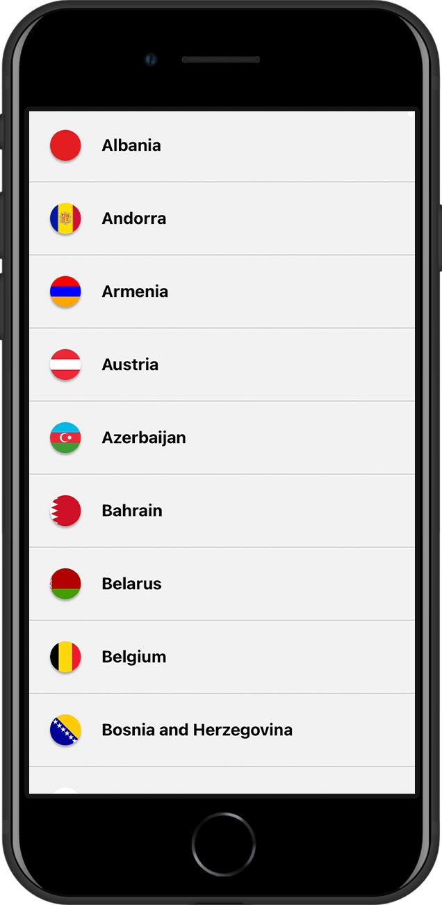 Screen shot of the mobile app of Footy Fixtures countries select, Football fixtures project by Tea Powered Projects