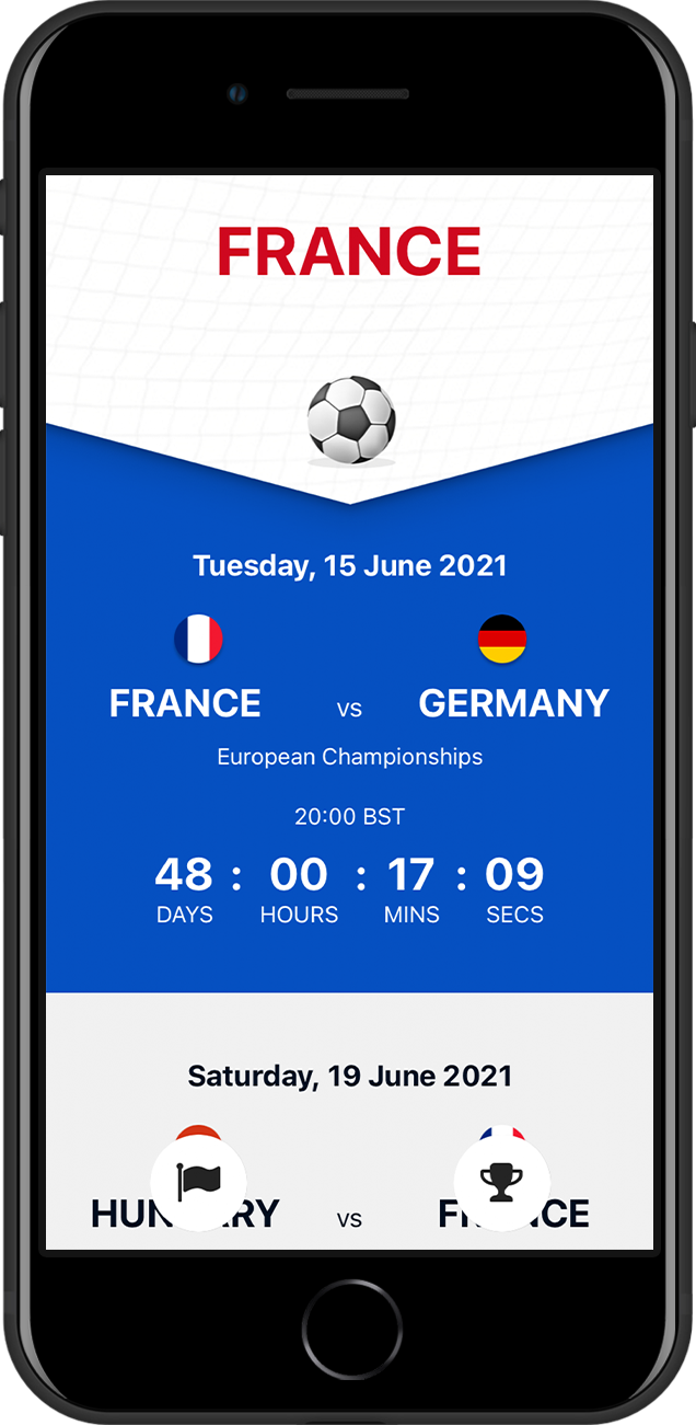 Screen shot of the mobile app of Footy Fixtures, next France Games, Football fixtures project by Tea Powered Projects