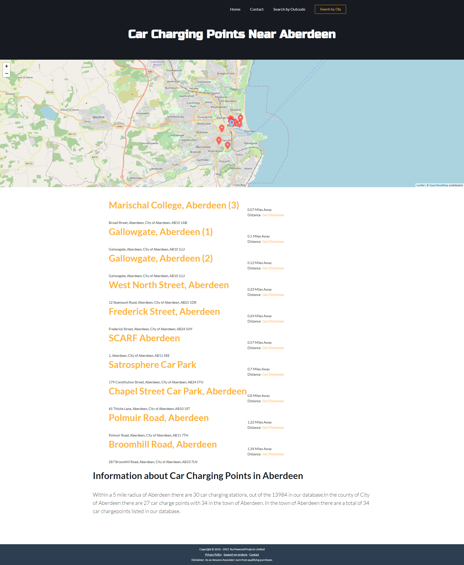 Screen shot of the desktop results page of Charge Points near me Web Development project by Tea Powered Projects